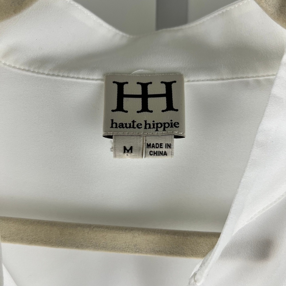 Haute Hippie White Balloon Sleeve Tie Neck Ruffle Blouse Size M - Picture 4 of 8